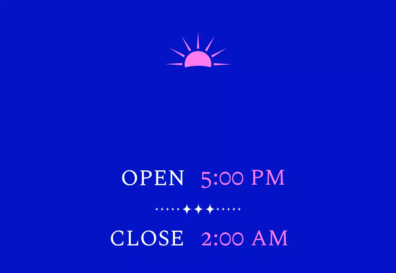 파란색과 핑크색의 태양 일러스트가 있는 칵테일 바 홍보용