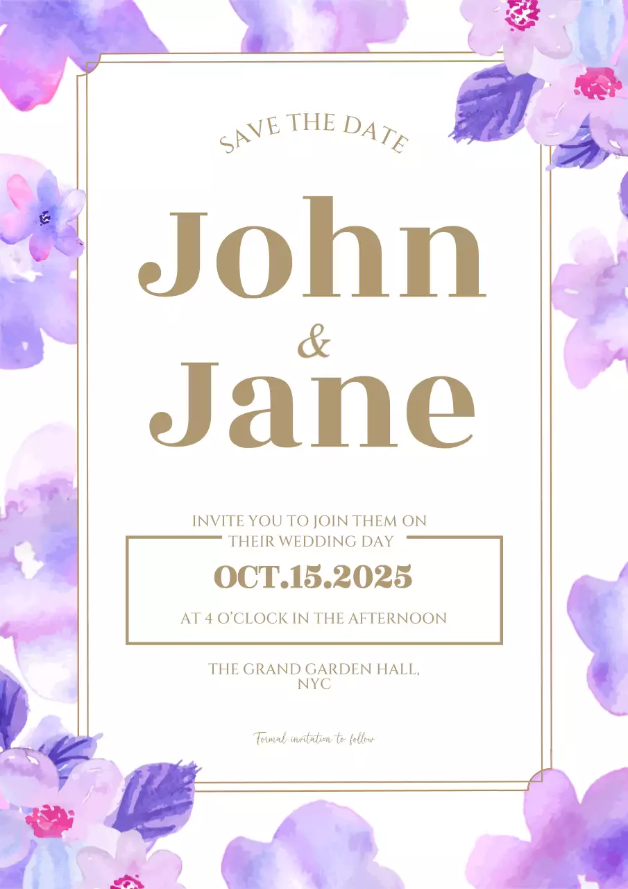 Elegant Purple and Gold Wedding Invitation