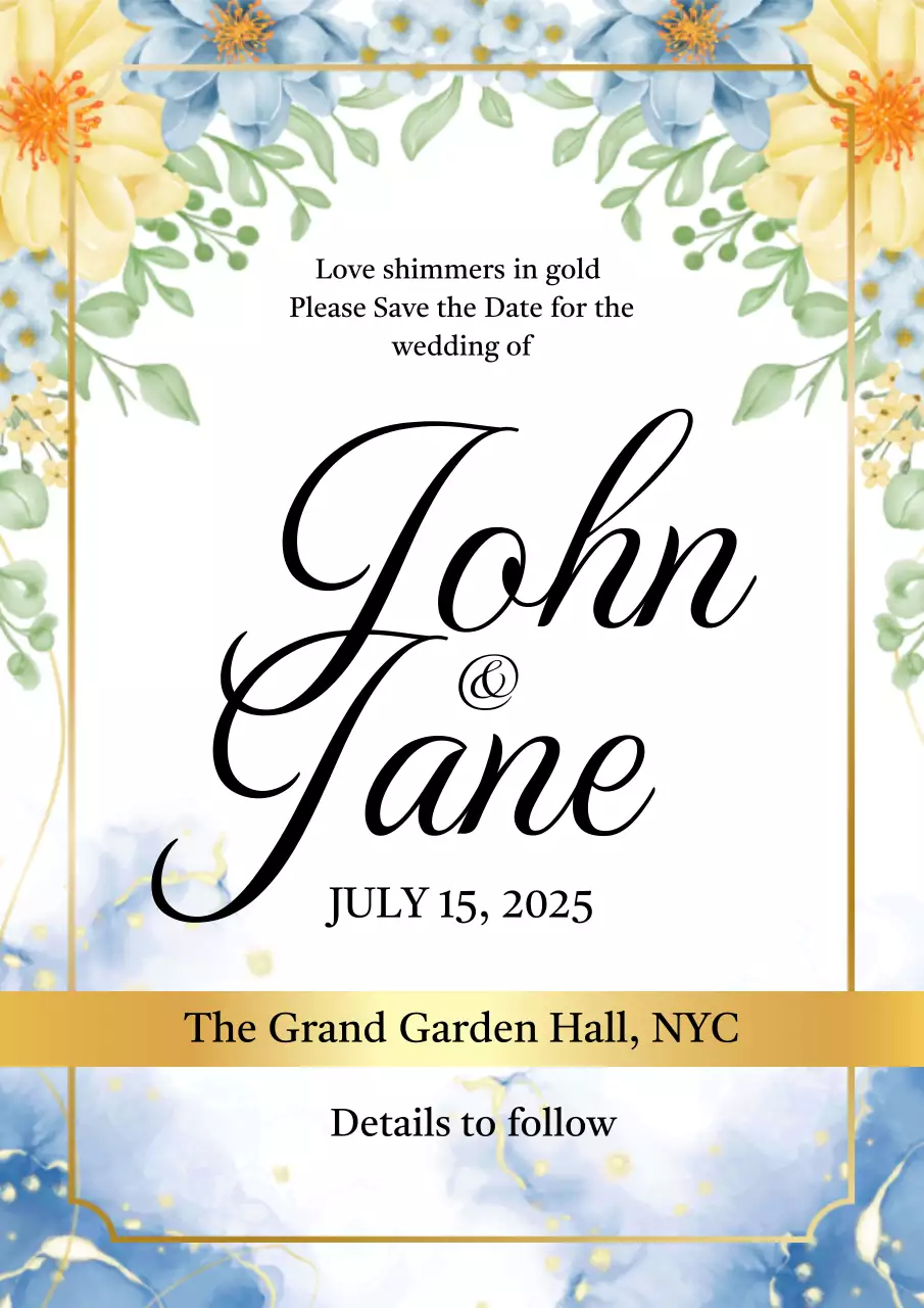 Modern Botanical Wedding Invitation in Pastel Blue and Gold