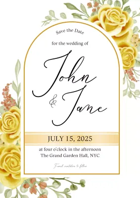 Undangan Pernikahan Simpan Tanggal Elegan dengan Bunga Kuning dan Emas