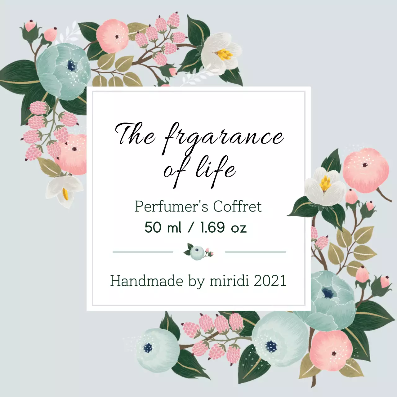 青色のイラストのヴィンテージ感のある香水ラベル