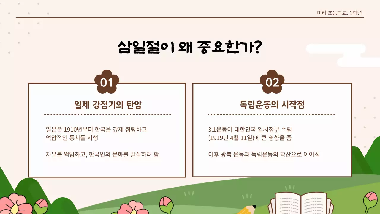 베이지색 귀여운 일러스트 3월1일 삼일절 수업 자료