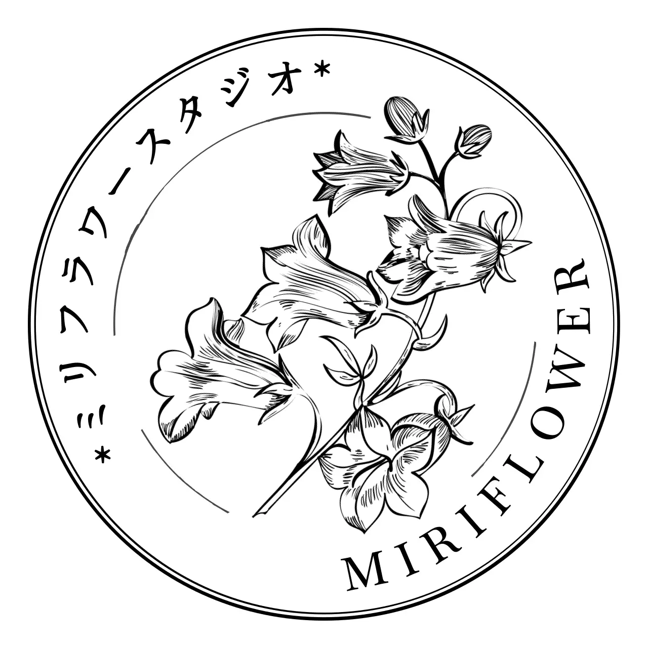 ブラックラインの花イラストのヴィンテージスタイルのバッジ型花屋さん