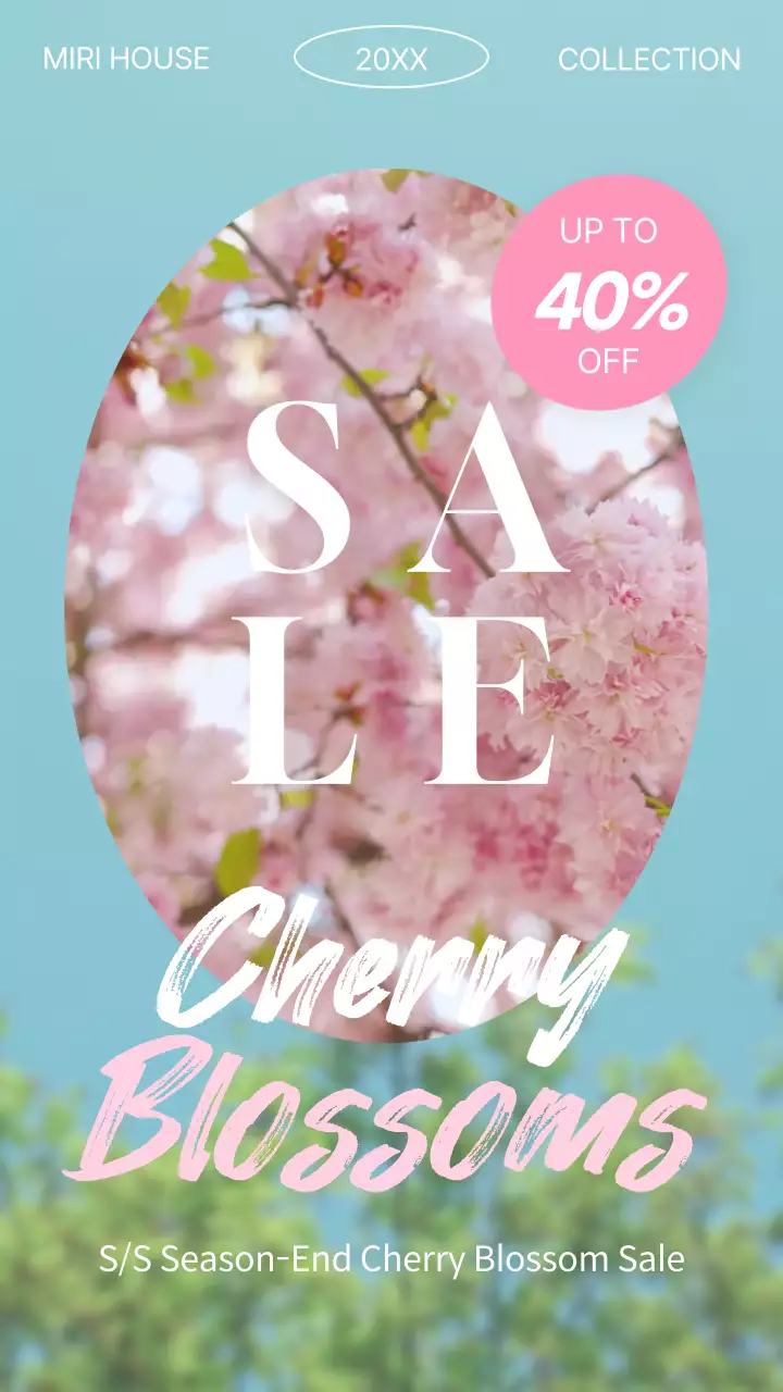 하늘색 배경의 핑크색 벚꽃 흩날리는 감성적인 시즌 세일