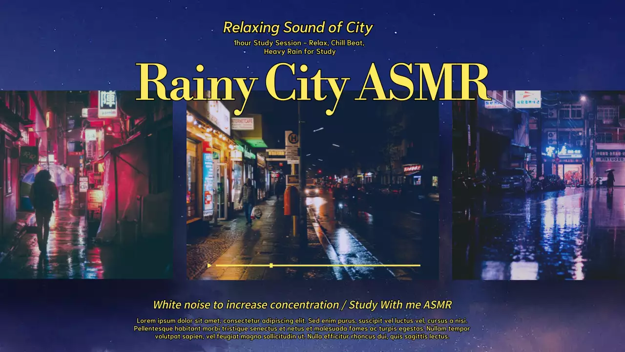 Cyberpunk rainy white noise playlist cover in blue and yellow.