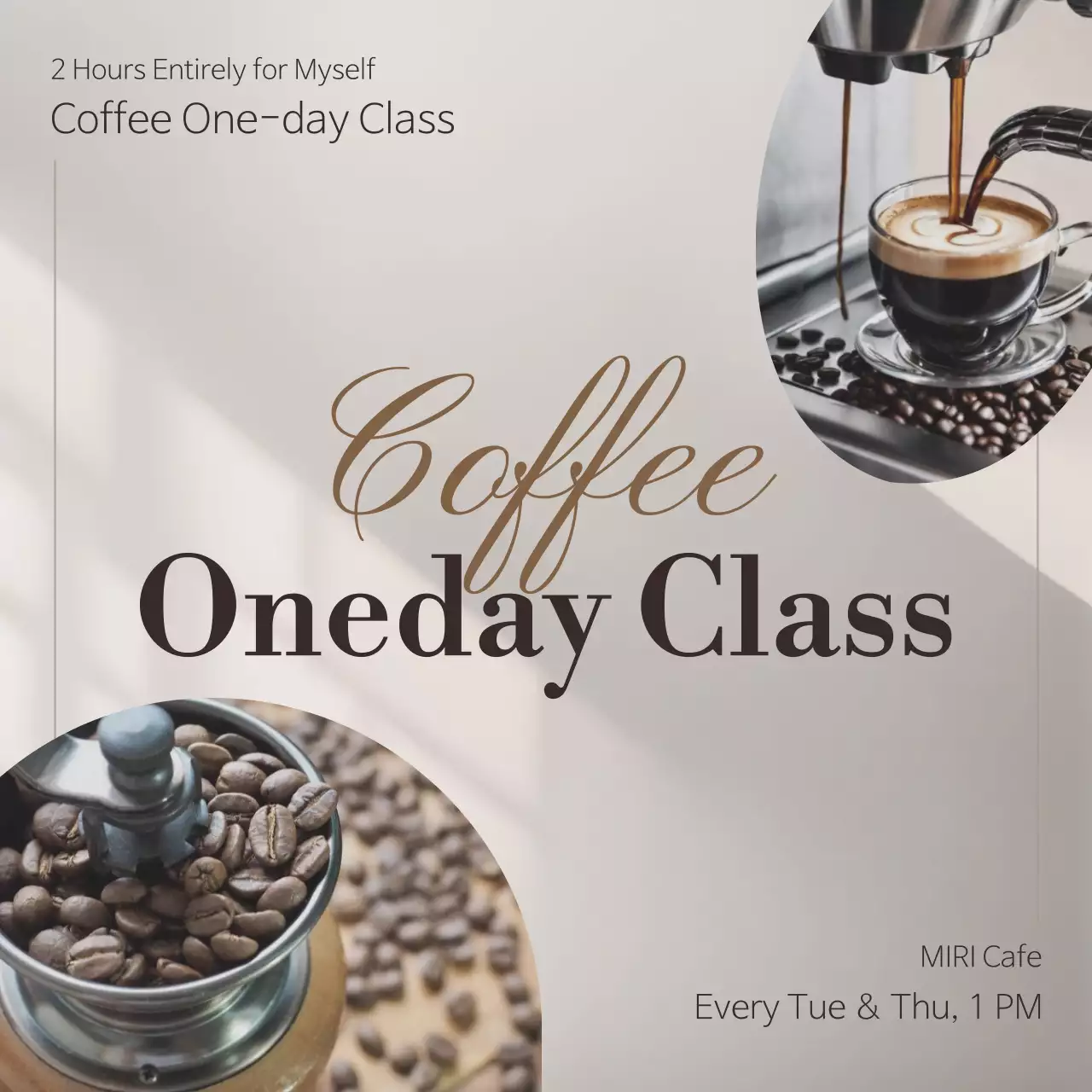 Promote a modern coffee one-day class in ivory and brown