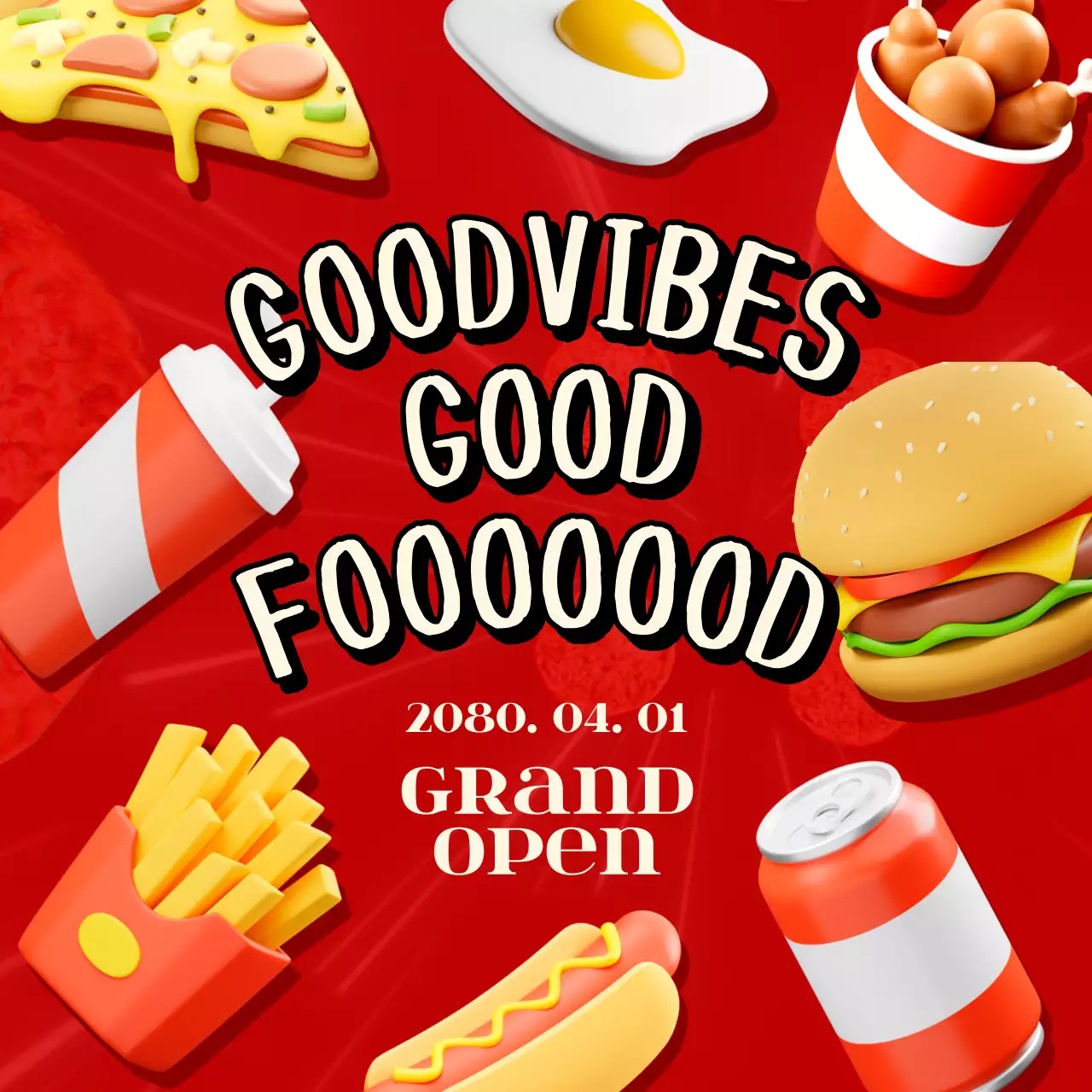 빨간색의 레트로 음식점 오픈 공지