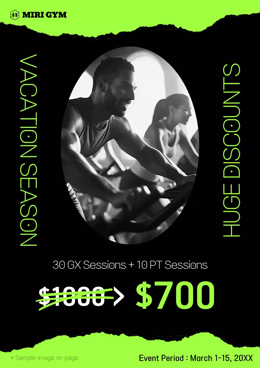 Advertise a back-to-school gym sale with black and lime green accents