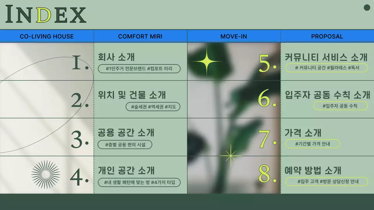톤다운된 초록색의 사진과 선을 활용한 코리빙하우스 입주제안서