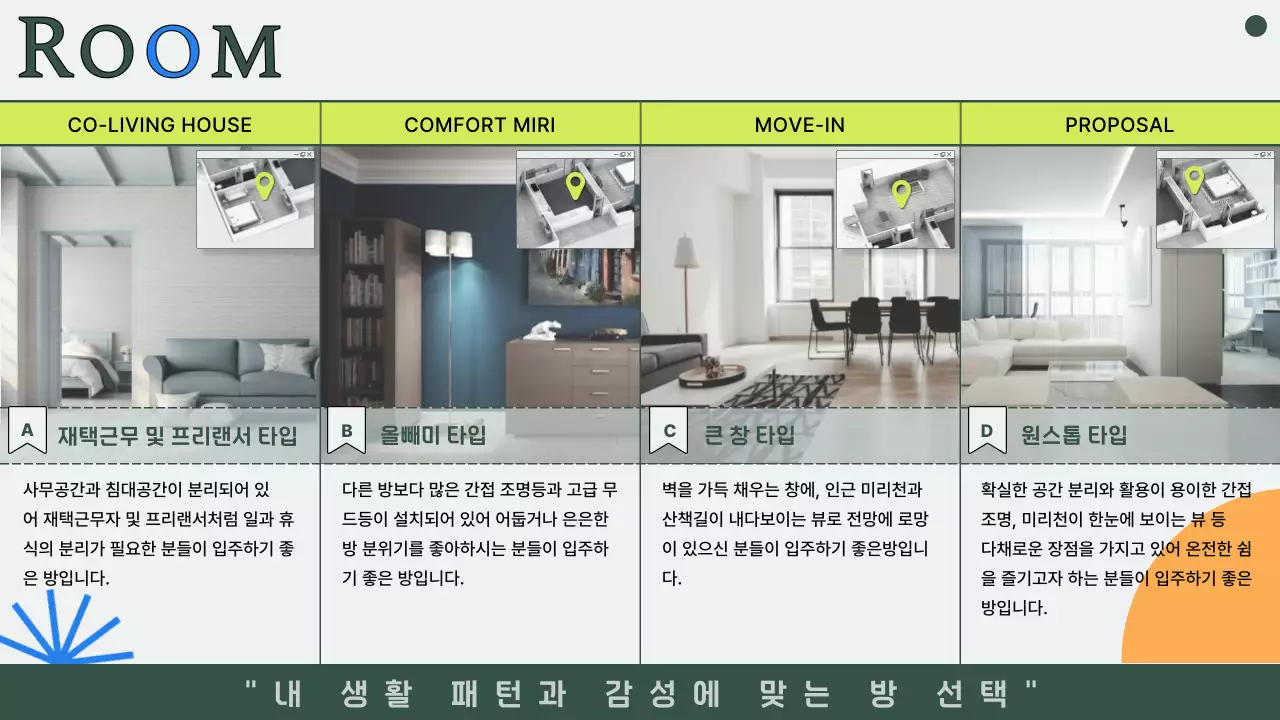 톤다운된 초록색의 사진과 선을 활용한 코리빙하우스 입주제안서