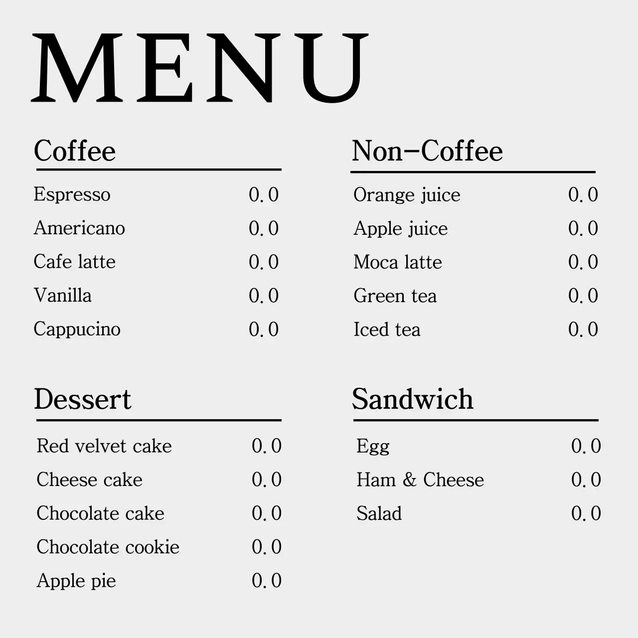 회색과 흑백의 미니멀한 카페 공지