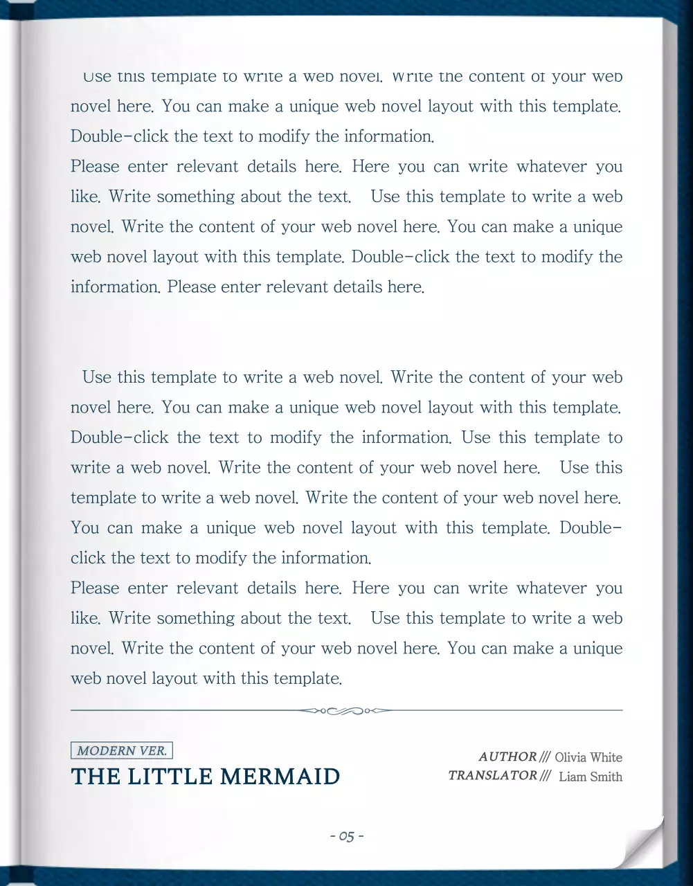 Web novel storytelling in blue and white with a classy and elegant classic book concept