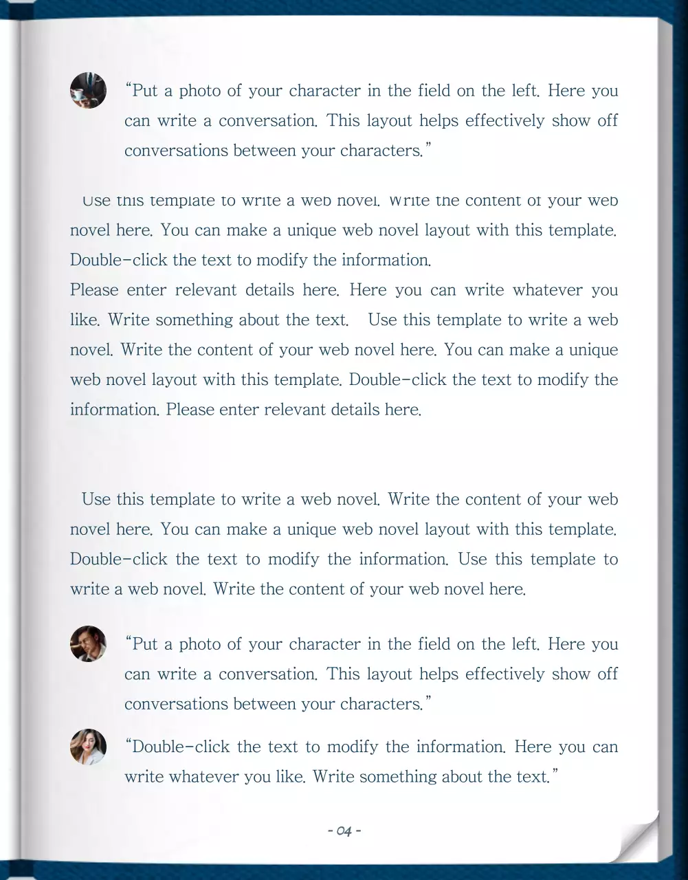 Web novel storytelling in blue and white with a classy and elegant classic book concept