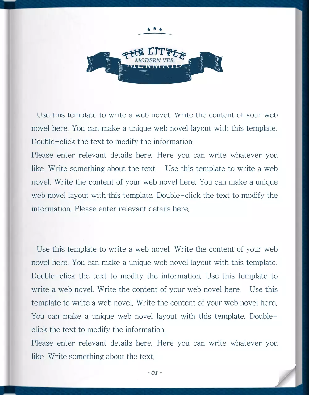 Web novel storytelling in blue and white with a classy and elegant classic book concept