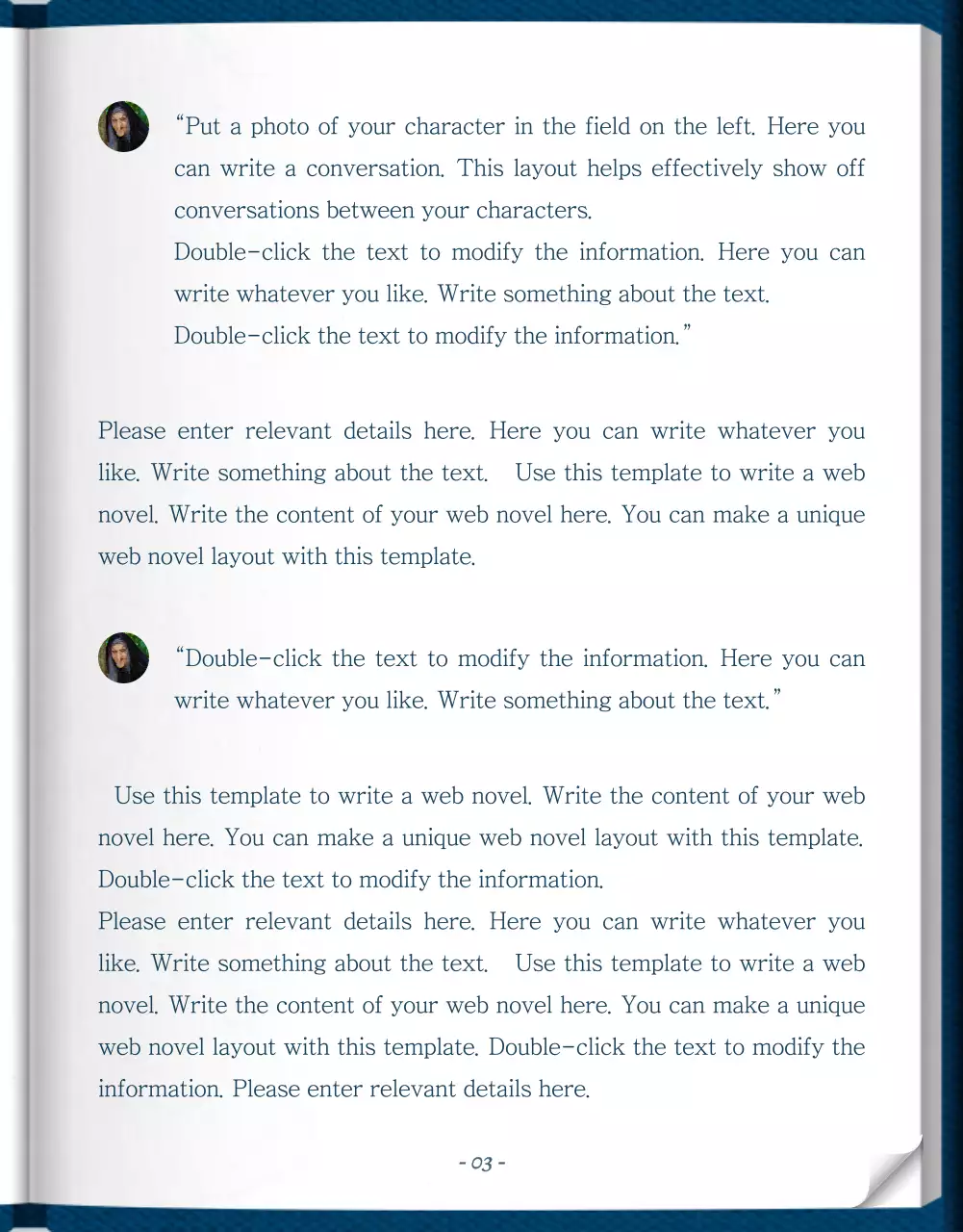 Web novel storytelling in blue and white with a classy and elegant classic book concept