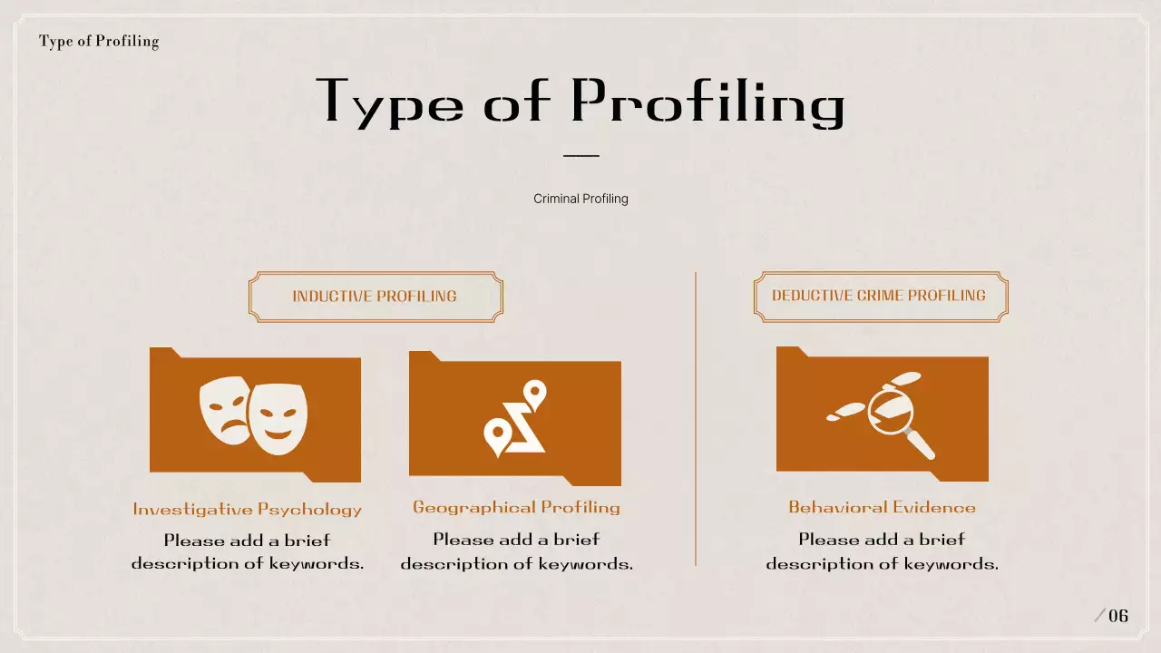 Trình bày hồ sơ tâm lý tội phạm cổ điển màu đen và màu be