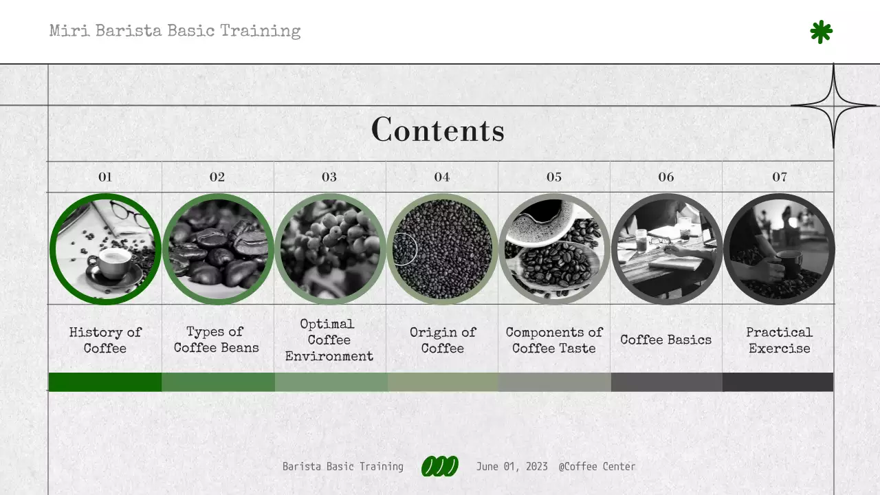 모노톤과 녹색 조합의 심플한 바리스타 기초 교육