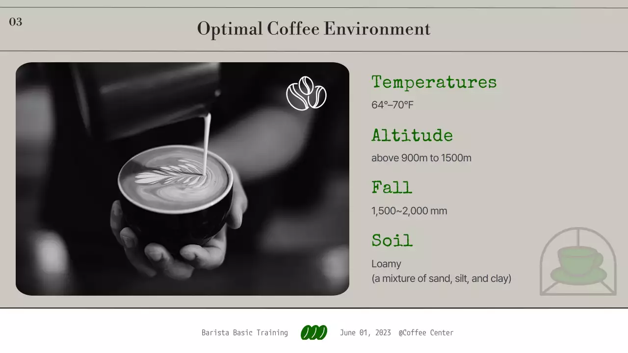 모노톤과 녹색 조합의 심플한 바리스타 기초 교육