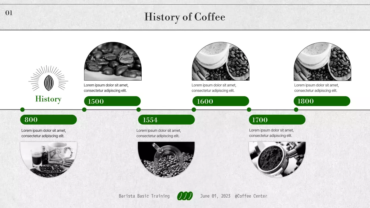 모노톤과 녹색 조합의 심플한 바리스타 기초 교육