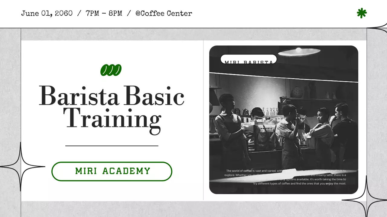 모노톤과 녹색 조합의 심플한 바리스타 기초 교육