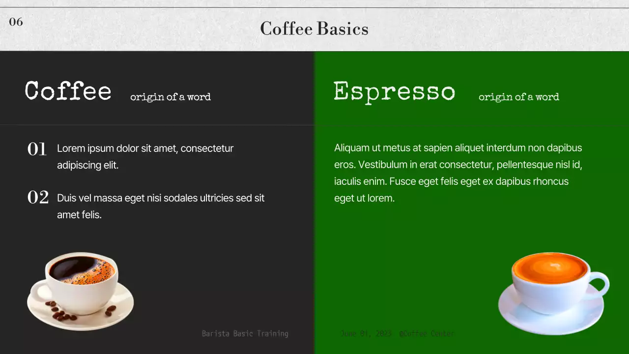 모노톤과 녹색 조합의 심플한 바리스타 기초 교육