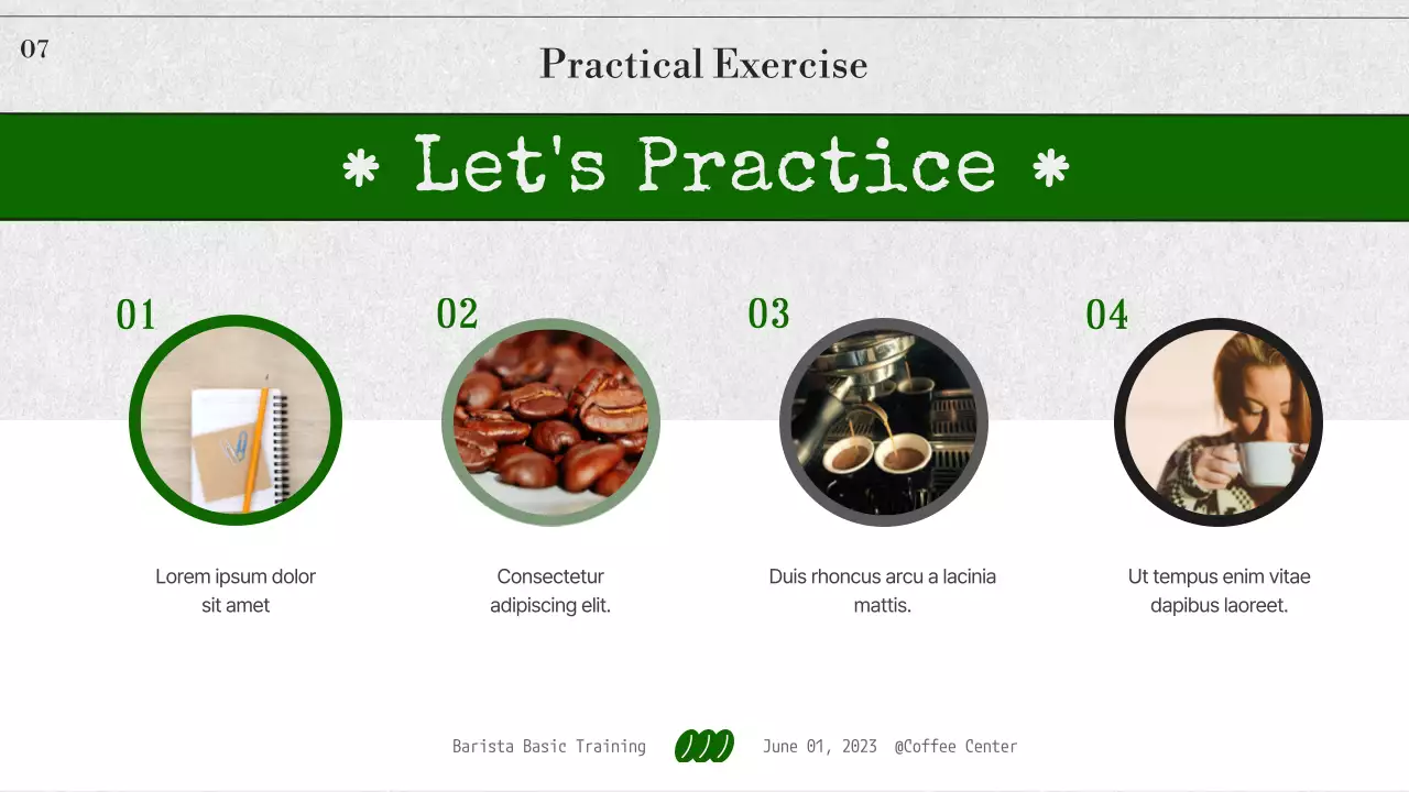 모노톤과 녹색 조합의 심플한 바리스타 기초 교육