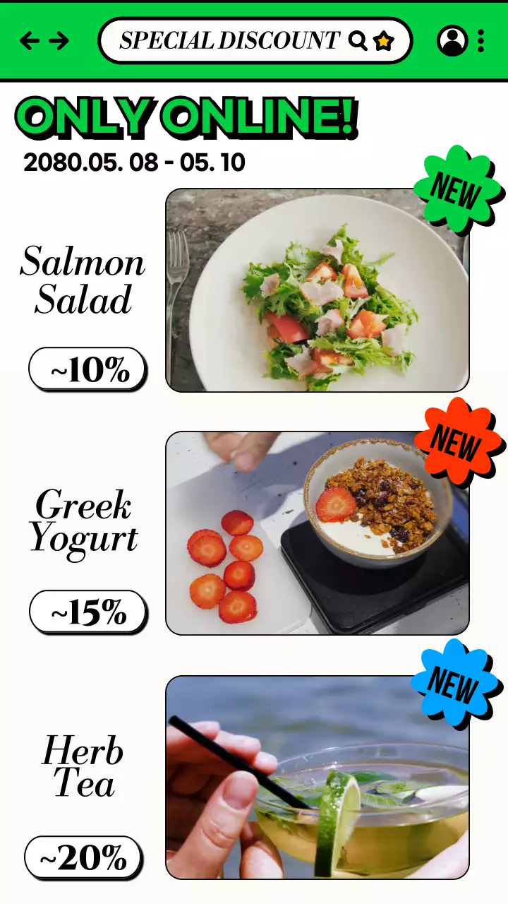 초록색의 식품 온라인 쇼핑 할인 행사 광고