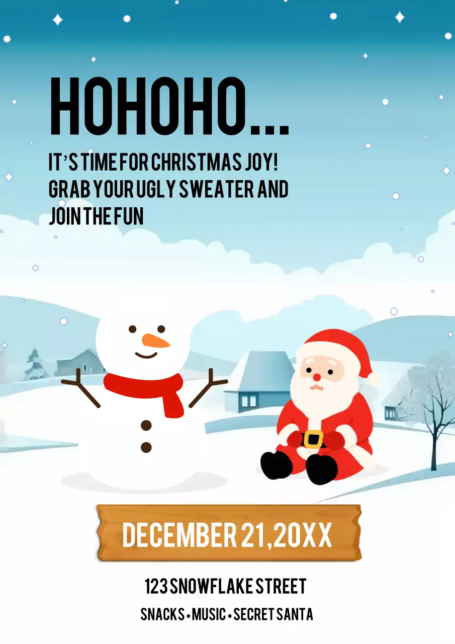 Blue and White Playful Snowman Christmas Party Invitation