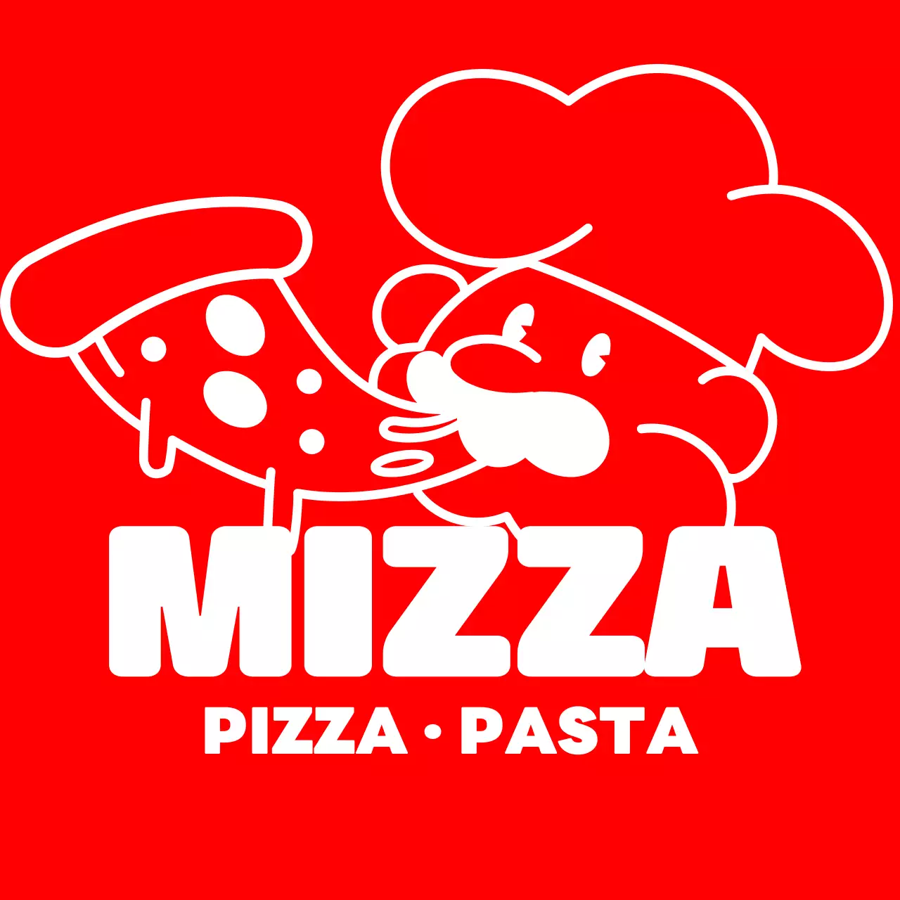 빨간색과 흰색의 피자와 요리사 캐릭터 일러스트가 있는 피자 가게 홍보용