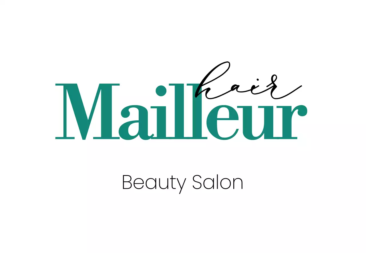 白と黒のターコイズブルーのメイエールヘアサロンのテキストで構成された洗練された印象の店舗看板