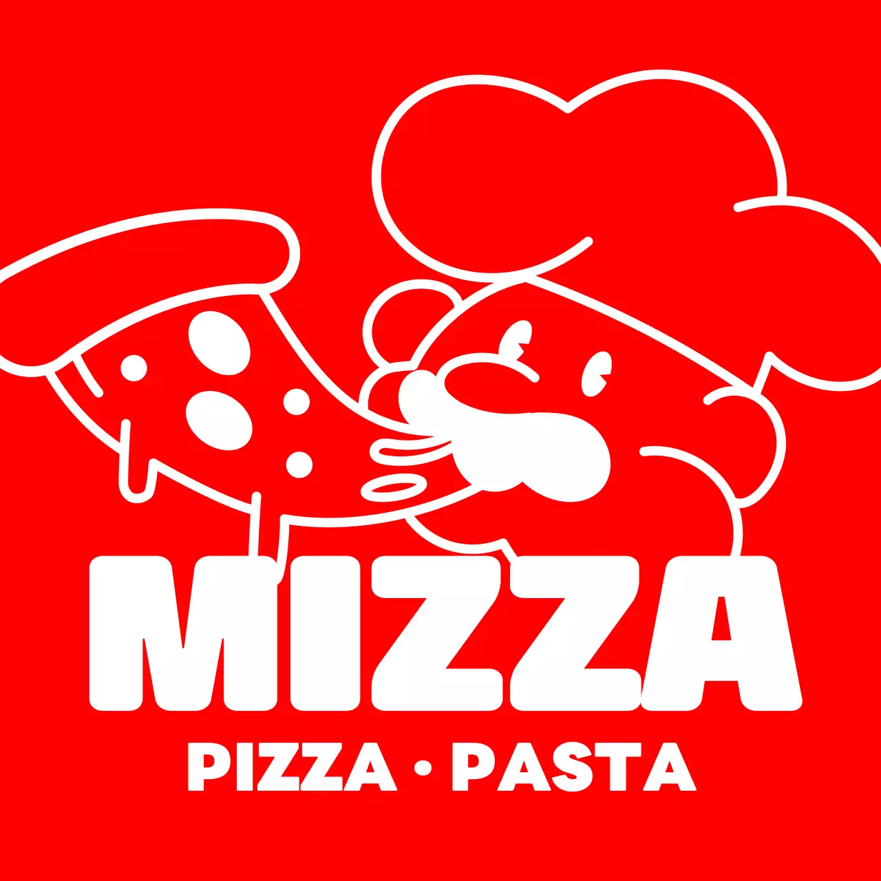 빨간색과 흰색의 피자와 요리사 캐릭터 일러스트가 있는 피자 가게 홍보용