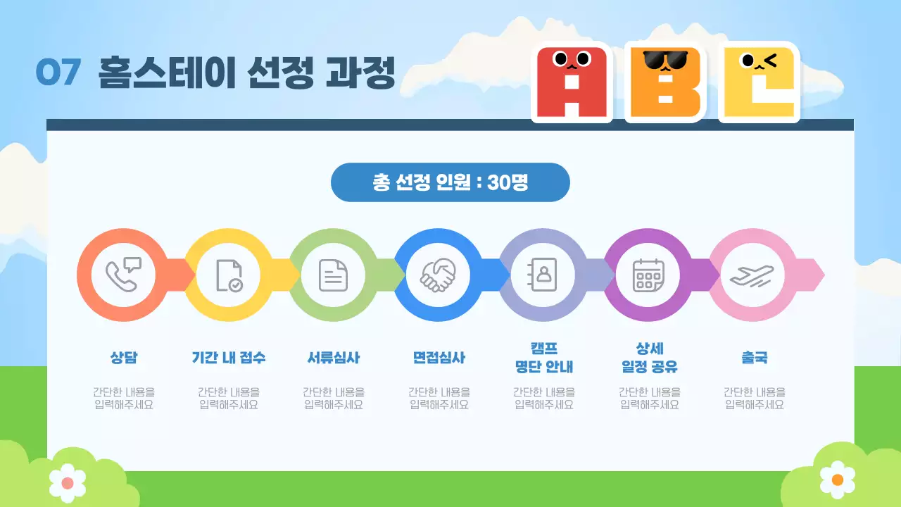 하늘색의 깔끔한 캐릭터 여름캠프 안내