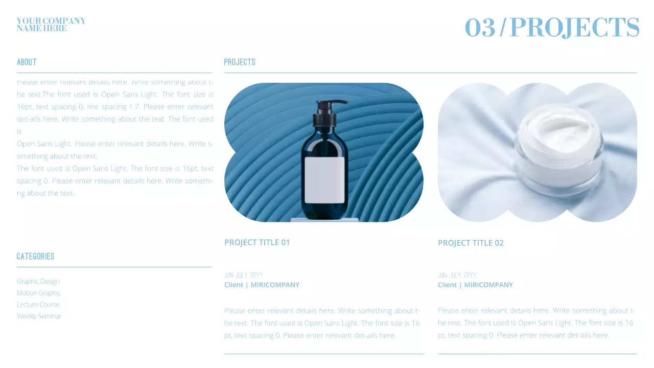 화이트와 하늘색의 모션효과가 들어간 심플 깔끔한 비즈니스 브랜드 소개