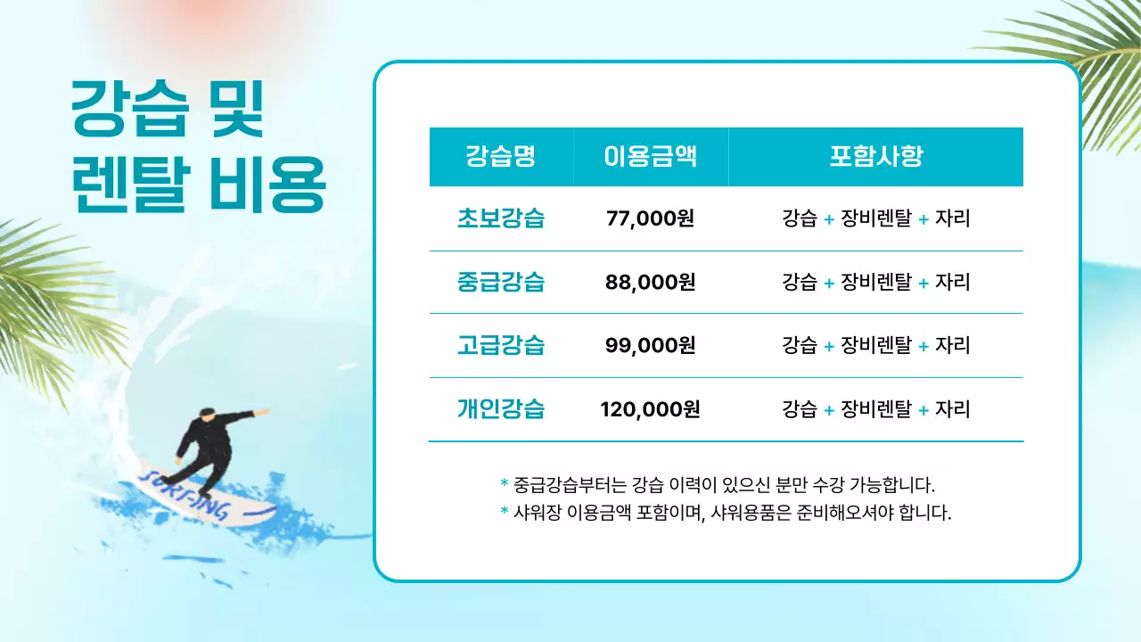 민트색과 파랑의 트로피칼 느낌 서핑샵 배치용 공지