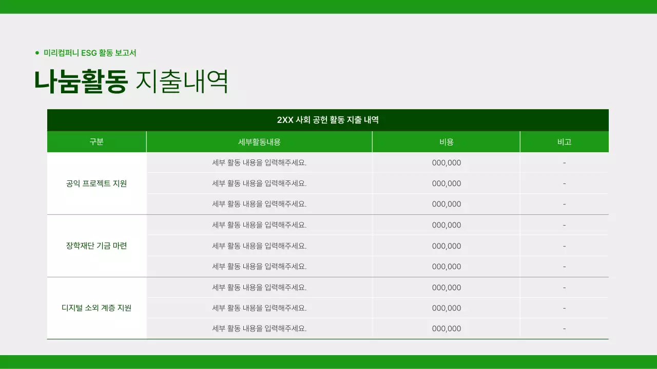 초록과 회색의 심플한 기업의 사회적 활동 보고서