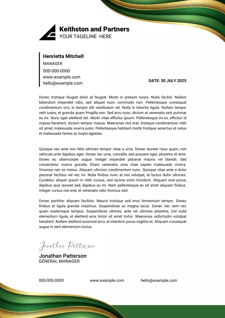 Green and gold professional business letterhead