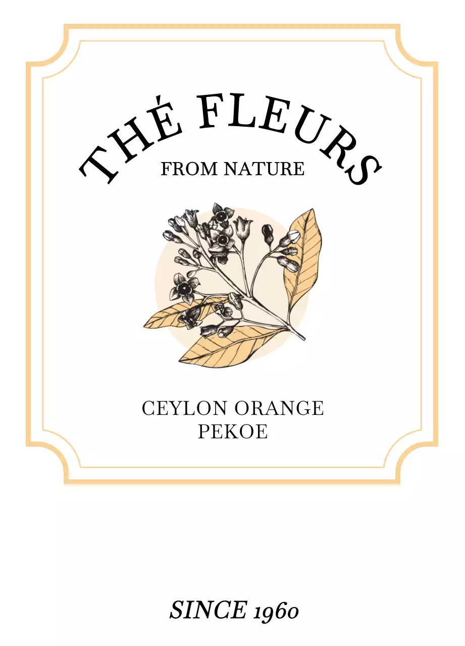 파스텔 오렌지와 녹색의 식물과 열매 스케치 일러스트가 있는 고급스러운 티백