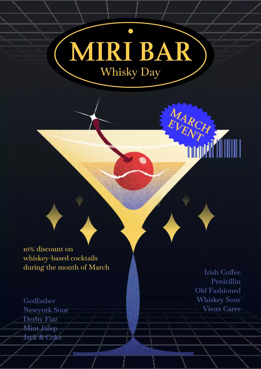 A liquor event highlighted by yellow and blue flat cocktail glasses