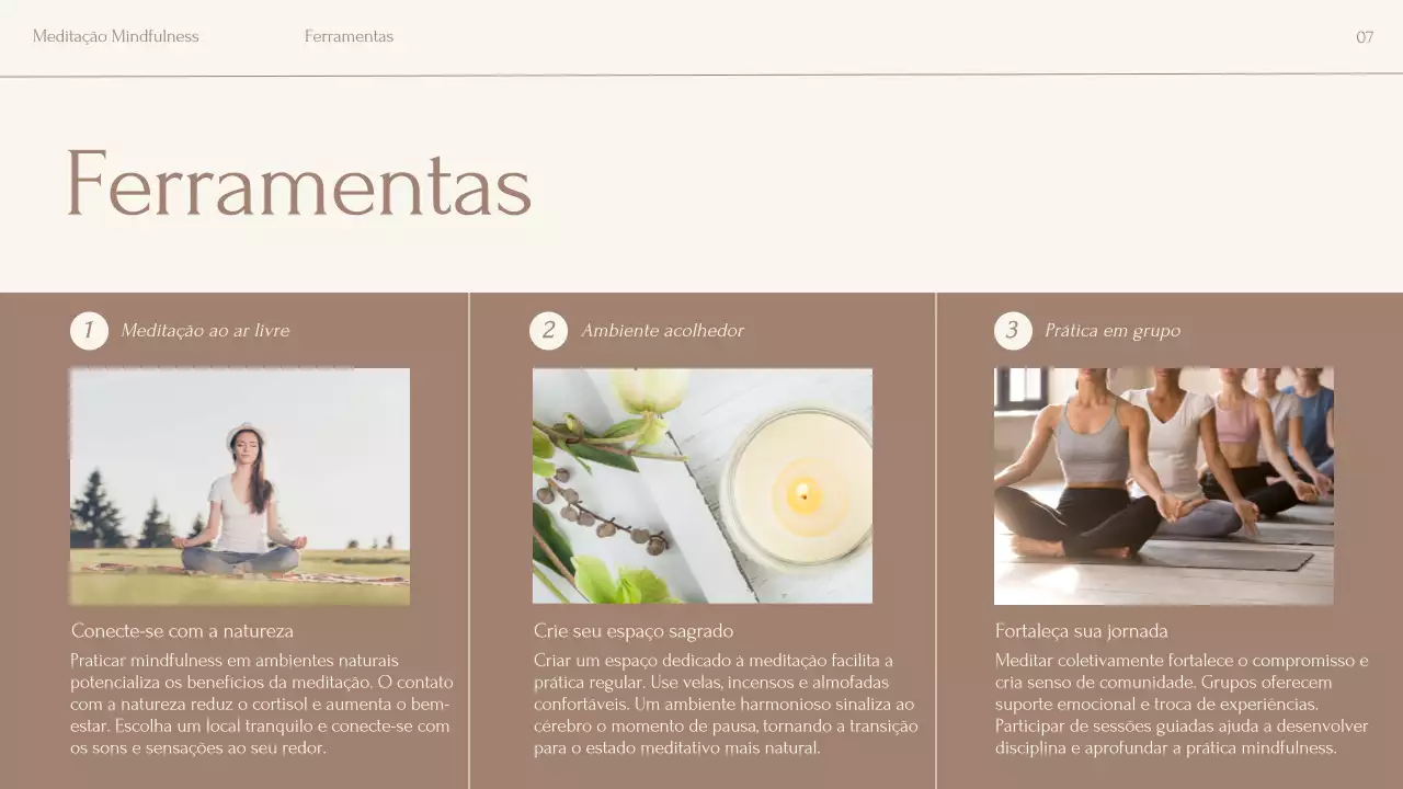 Apresentação da palestra sobre meditação minimalista em tons de bege