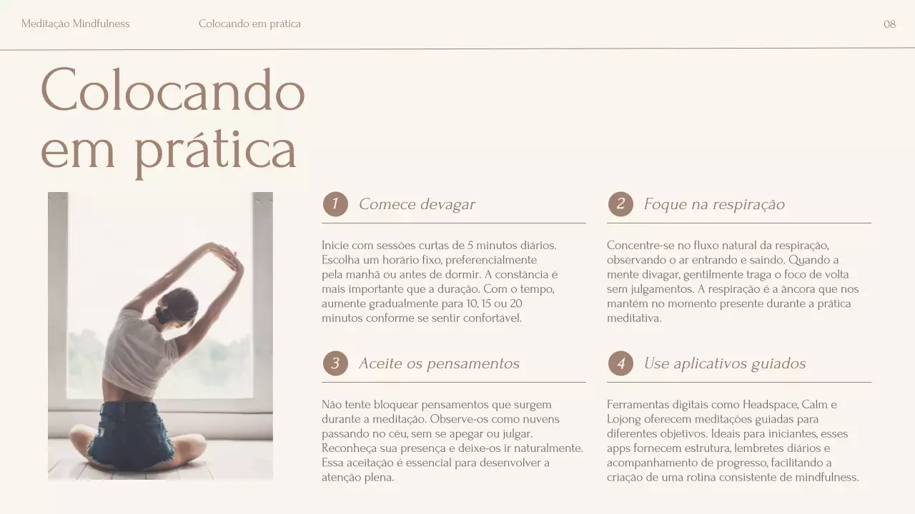 Apresentação da palestra sobre meditação minimalista em tons de bege