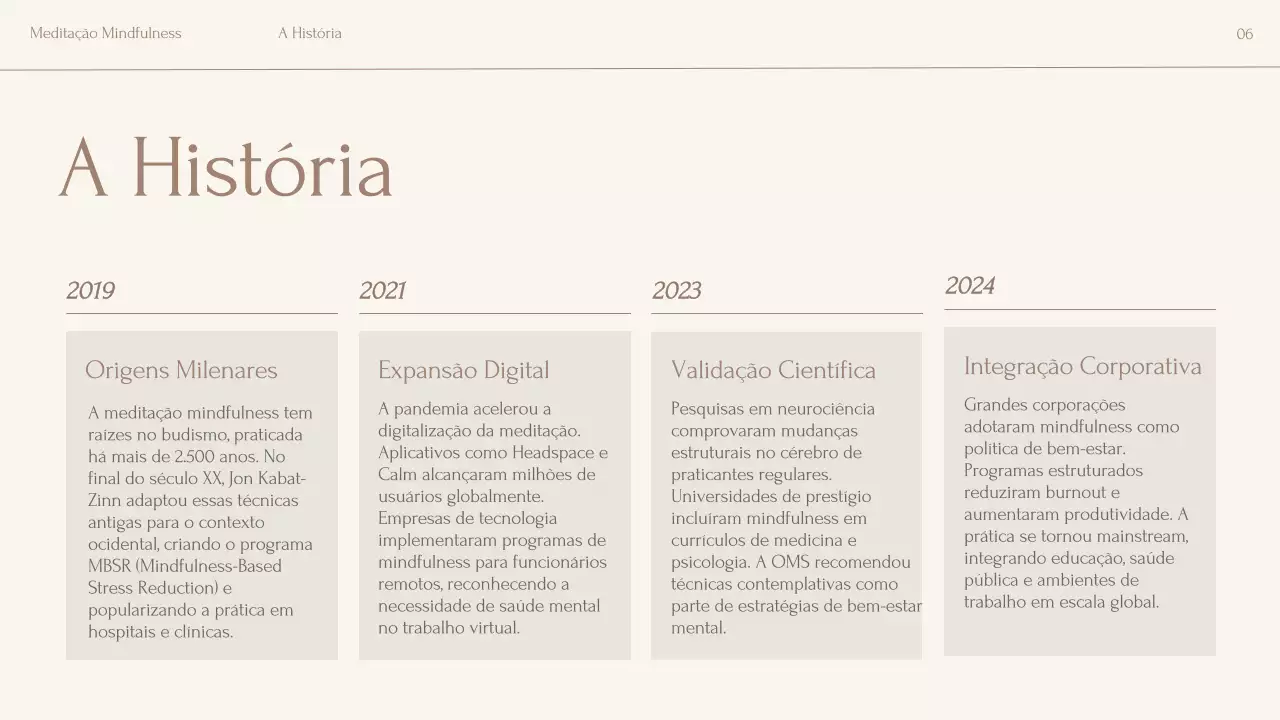 Apresentação da palestra sobre meditação minimalista em tons de bege