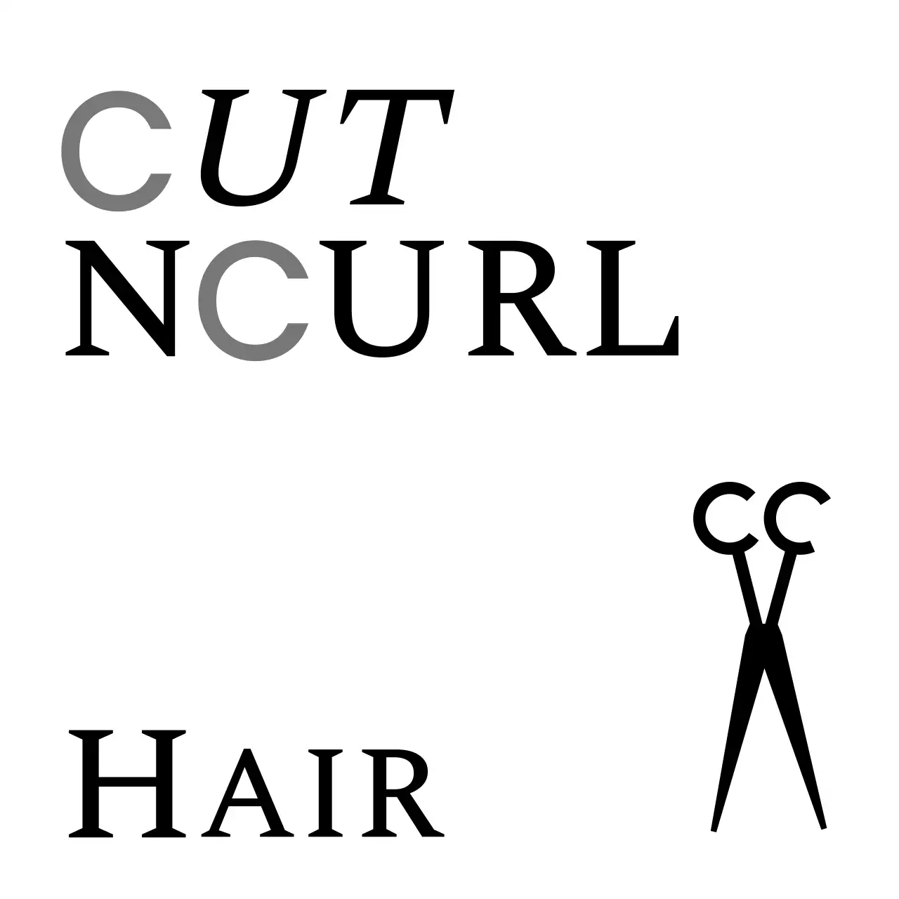 흰색과 검정색의 컷앤컬 헤어샵 텍스트와 가위 일러스트로 이루어진 클래식한 느낌의 매장 간판