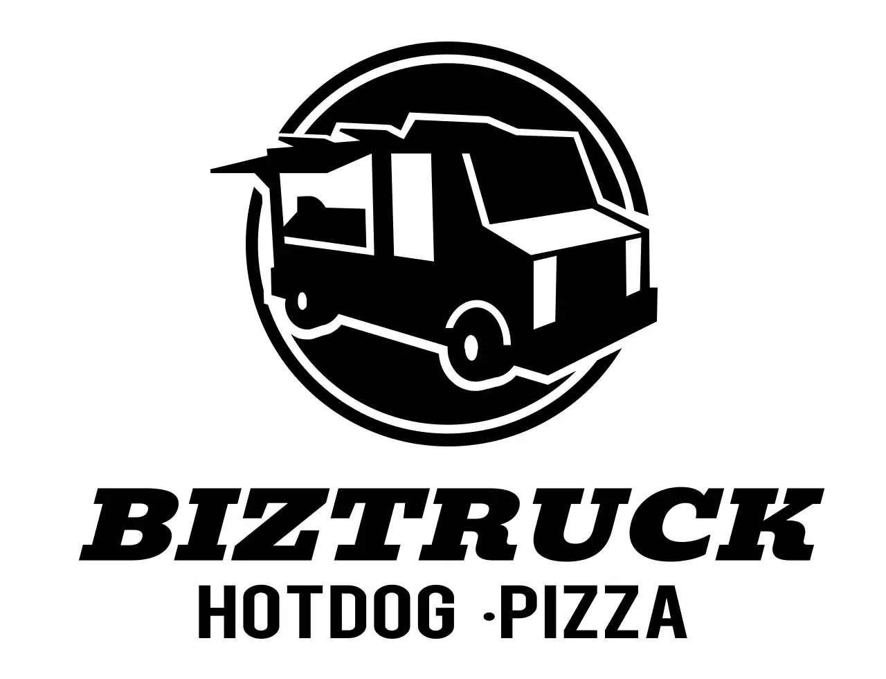 검정색의 단순한 트럭 일러스트 로고가 있는 푸드트럭 컨셉