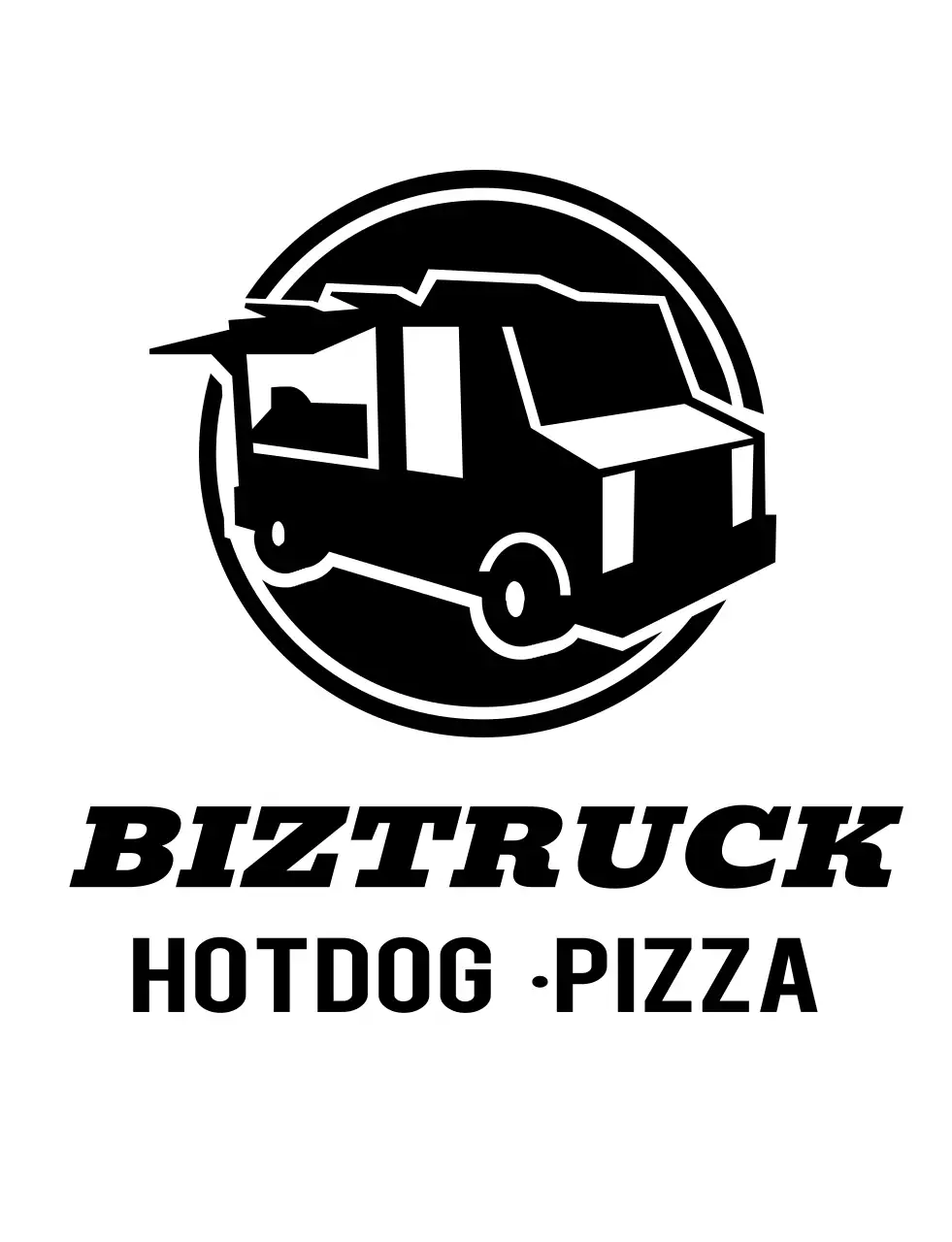 검정색의 단순한 트럭 일러스트 로고가 있는 푸드트럭 컨셉