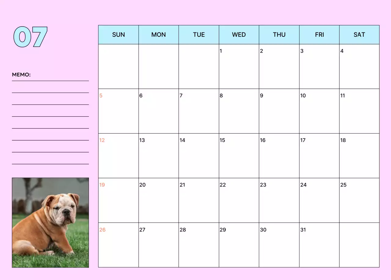 노랑 심플 반려동물 달력