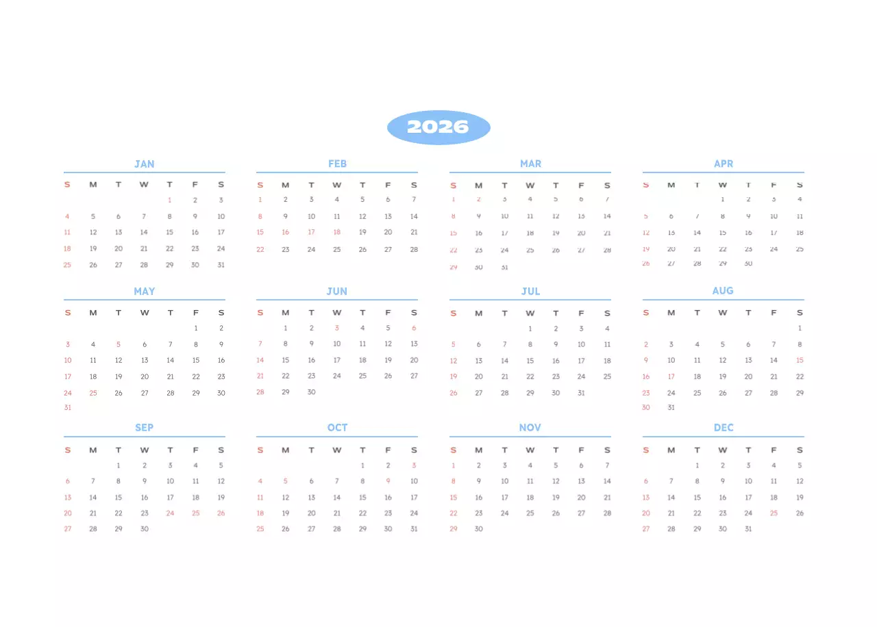 하늘색 심플 새해 캘린더