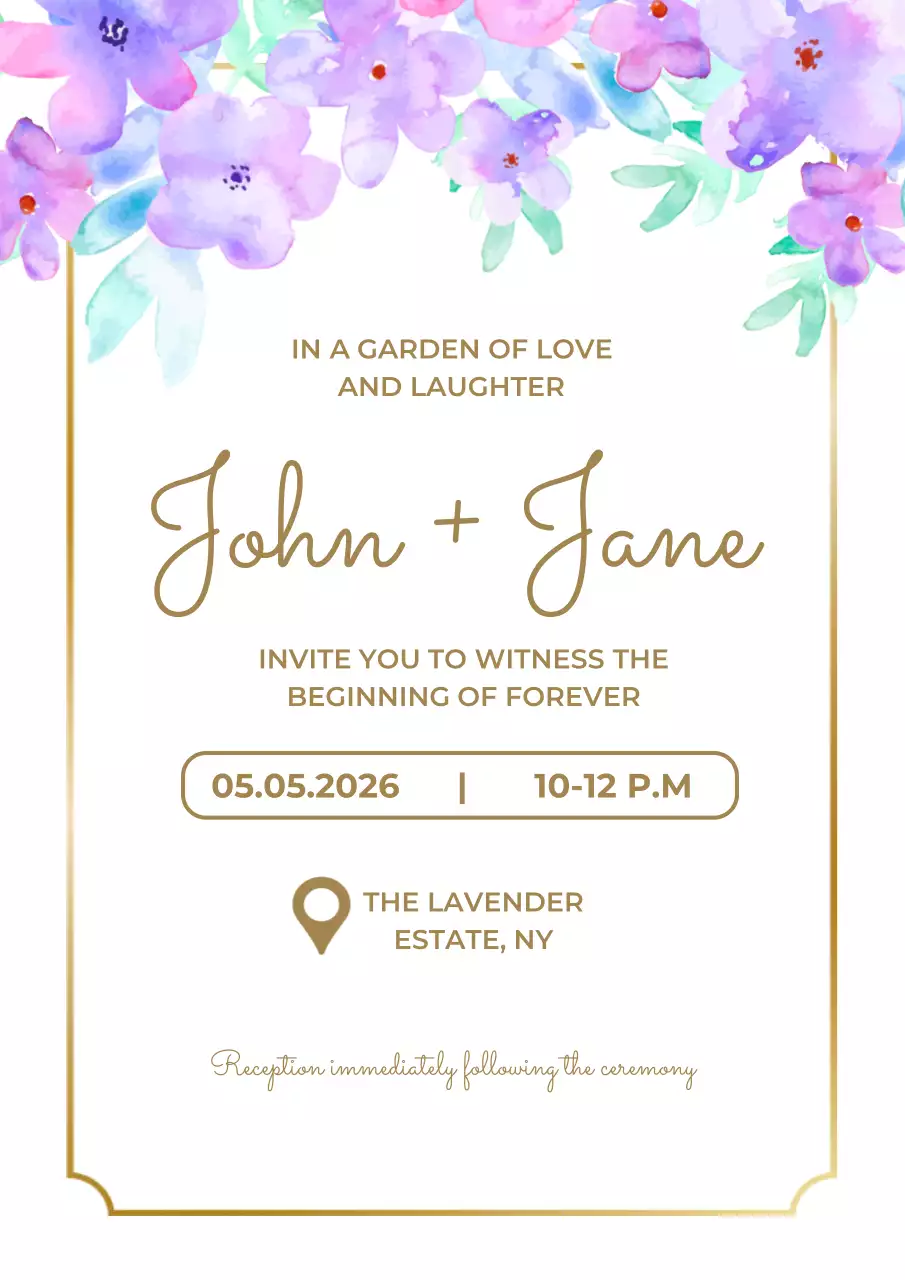 Lavender and Gold Floral Wedding Invitation in Elegant