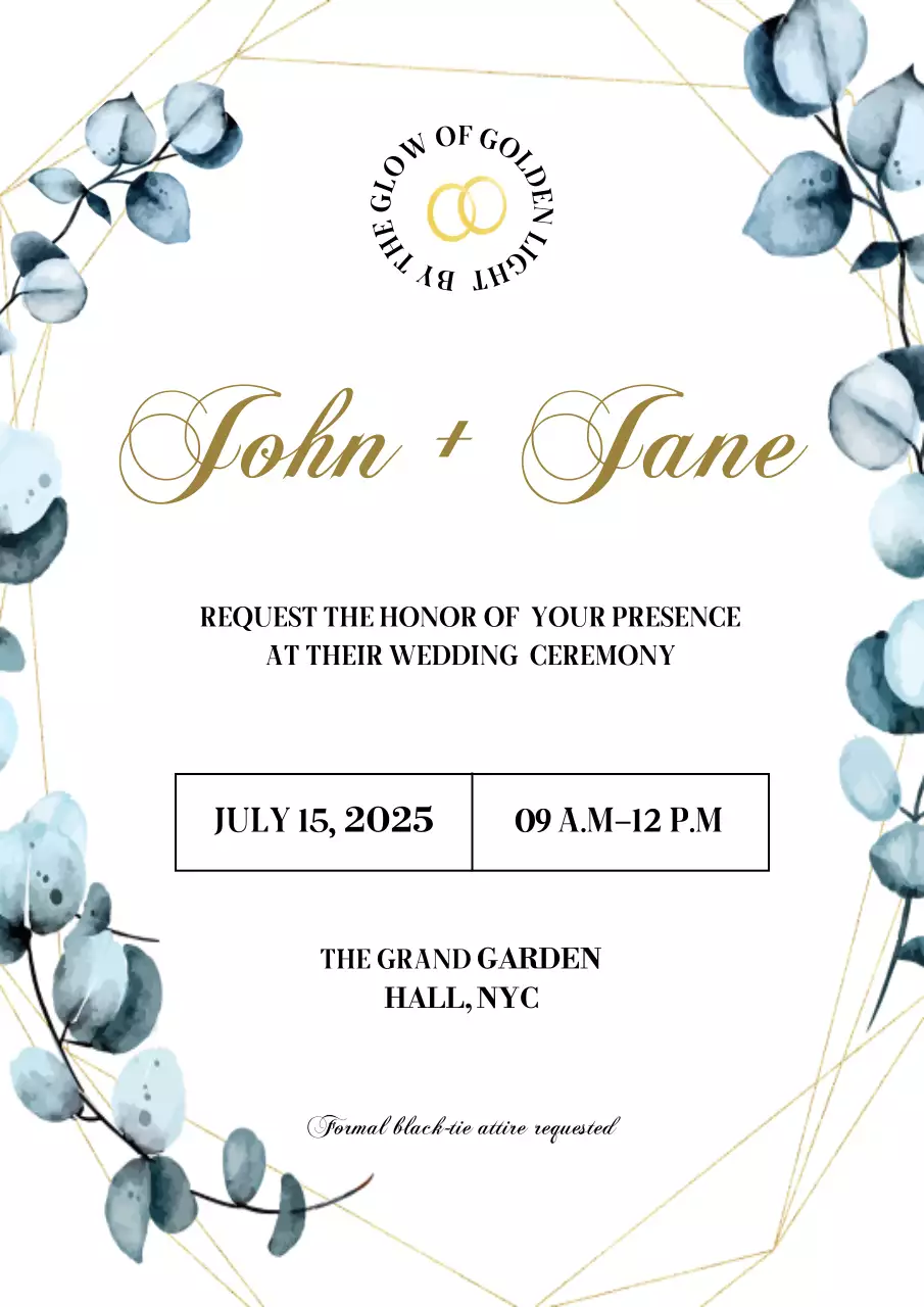 Modern Eucalyptus and Gold Wedding Invitation