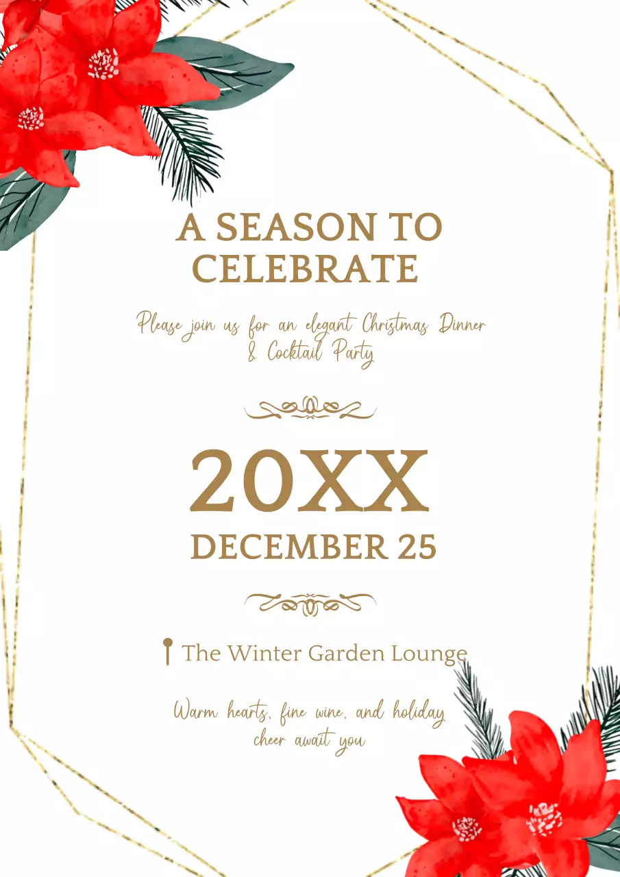 Red and Gold Poinsettia Christmas Dinner Invitation in Elegant