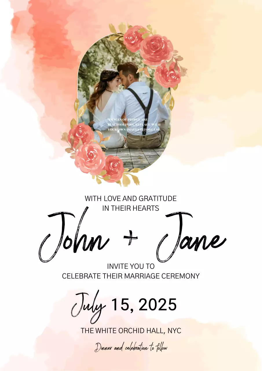 Peach and Beige Watercolor Floral Wedding Invitation in Romantic Rustic